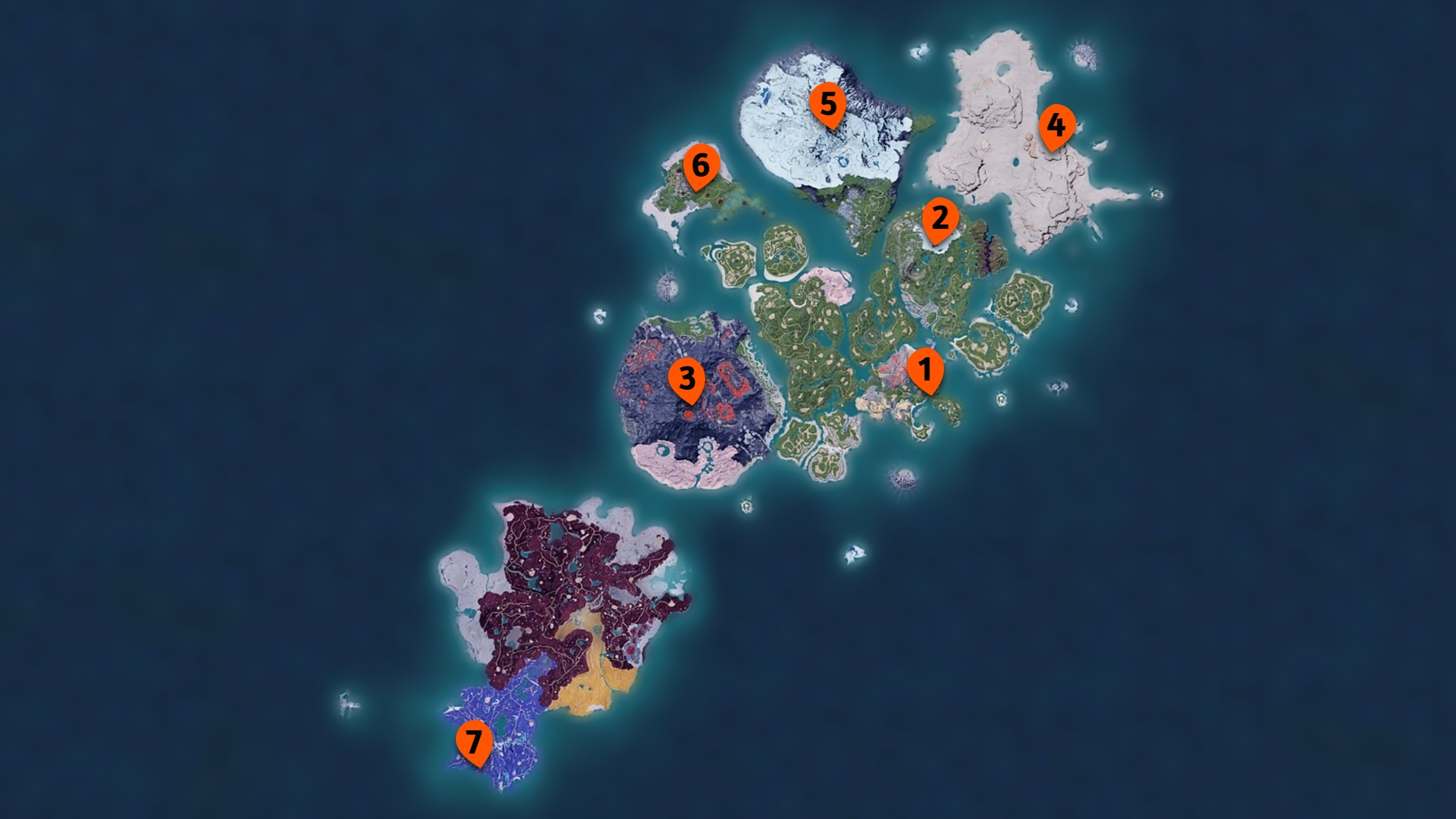 The in-game world map with orange markers showing the locations of 7 Palworld bosses