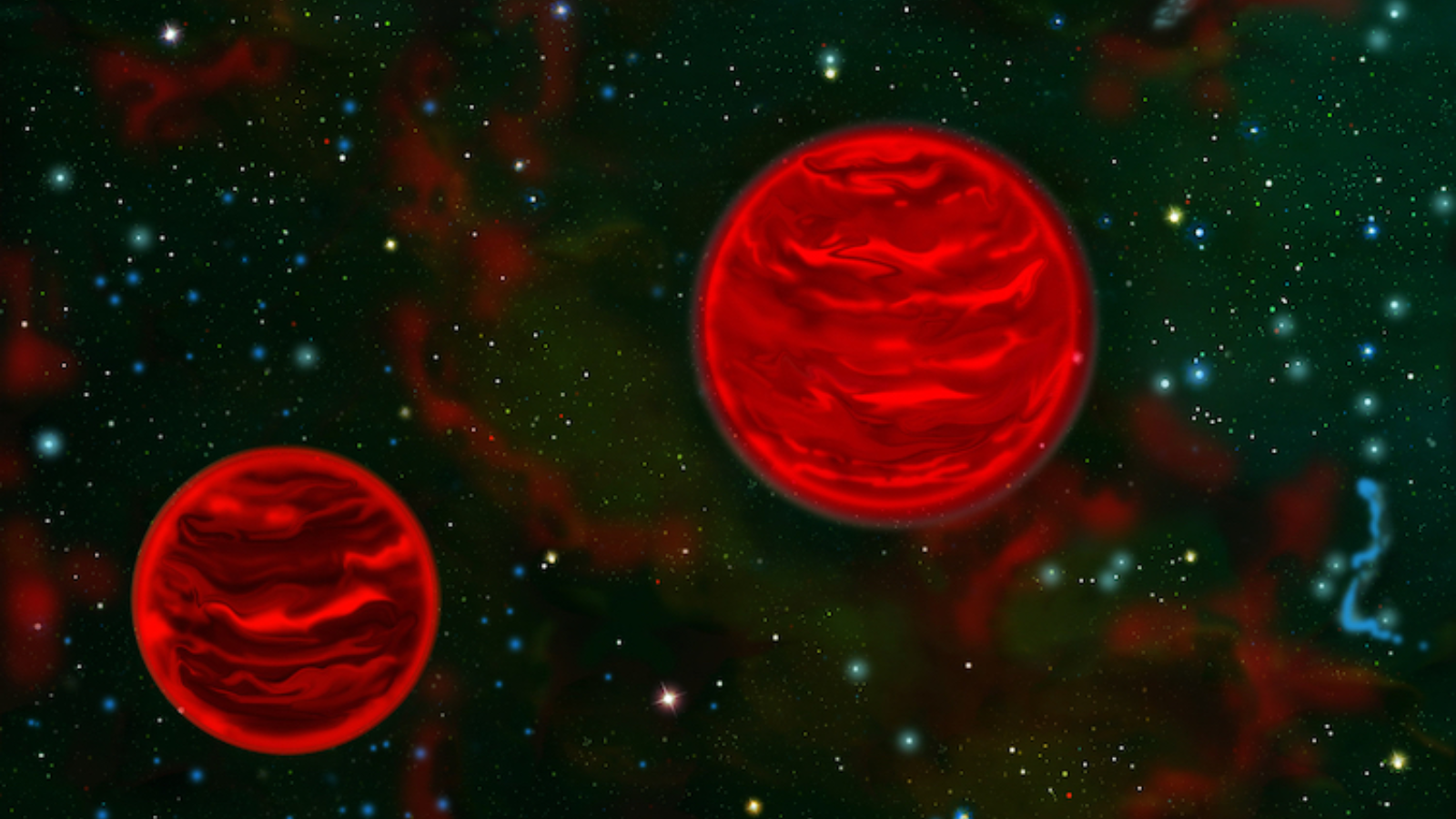 Two red orbs are illustrated on a black background with various streaks and spots.