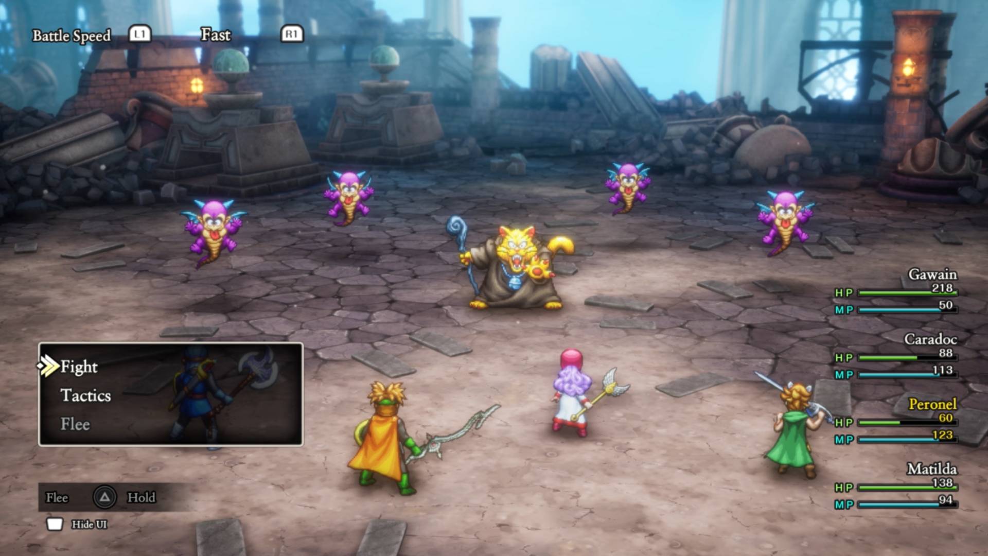 Dragon Quest 2 HD-2D Remake screenshot shows a battle against five enemies in a destroyed dungeon.