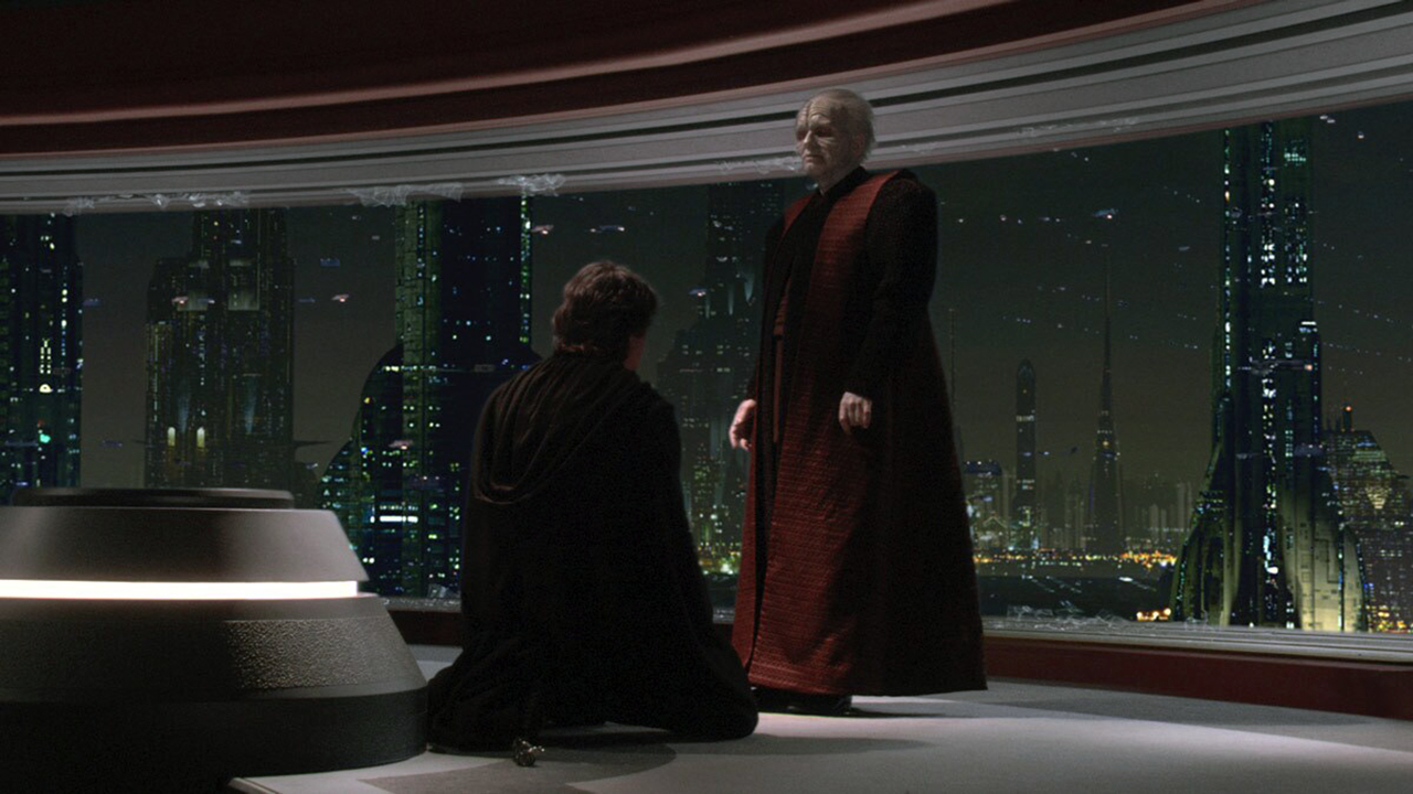 Darth Sidious lures Jedi Anakin Skywalker to the dark side.
