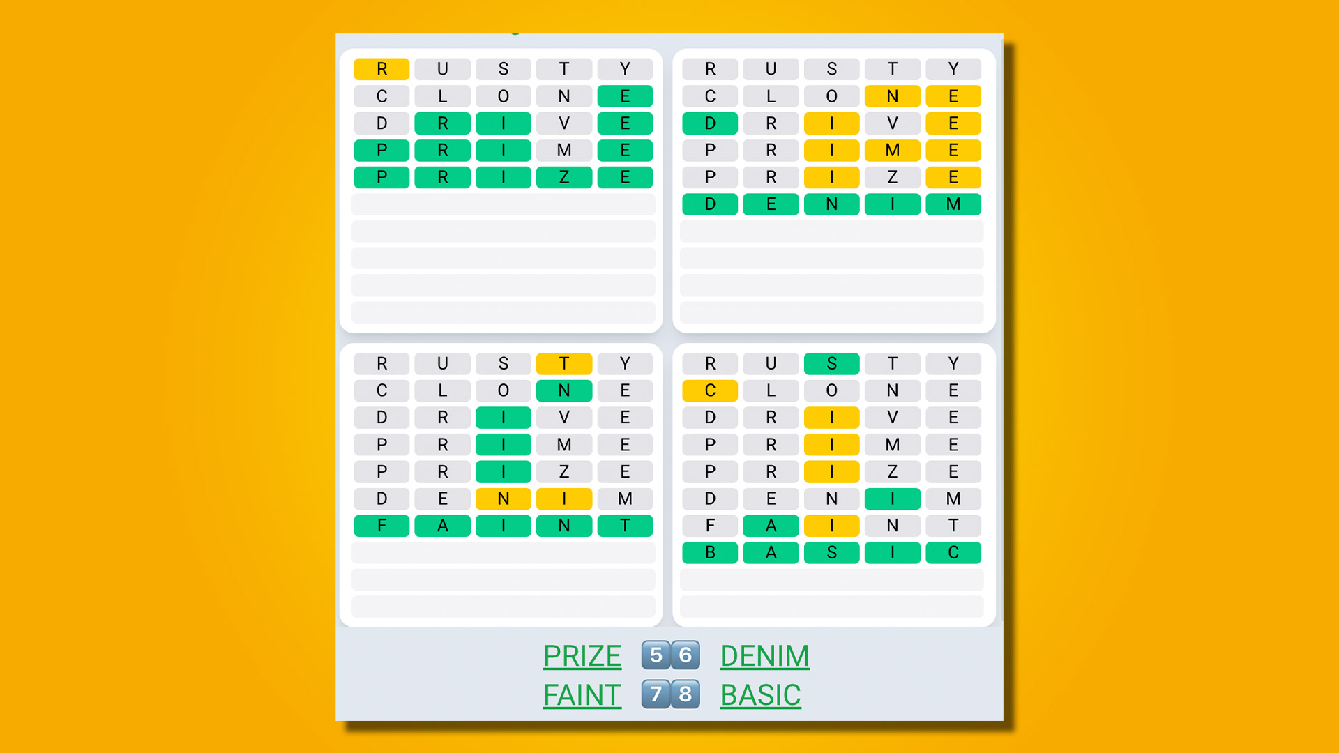 Quordle Daily Sequence answers for game 517 on yellow background
