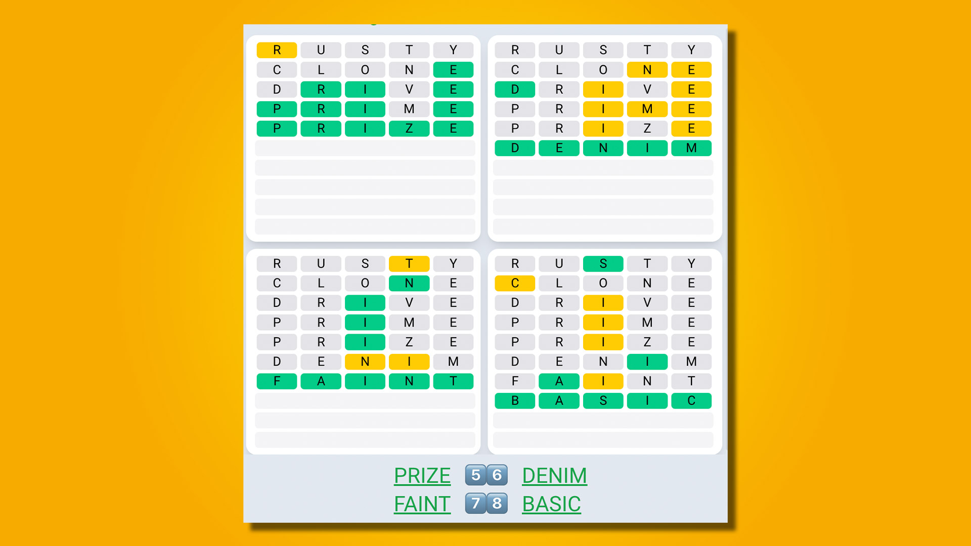 Quordle Daily Sequence answers for game 517 on a yellow background