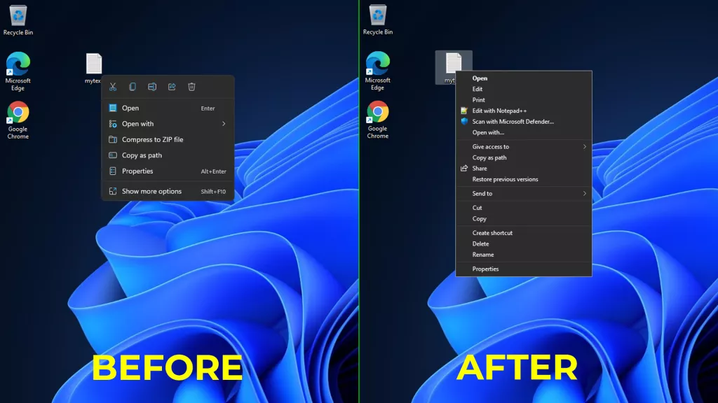 Before and after context menus