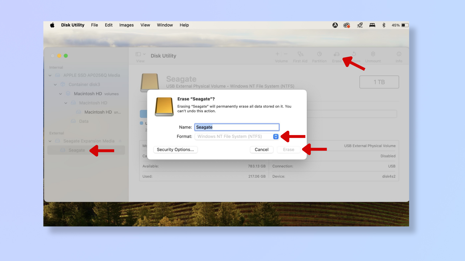 A screenshot of the Disk Utility tool on Mac, with red arrows pointing at an external hard drive, at Erase, and at the Format dropdown. 