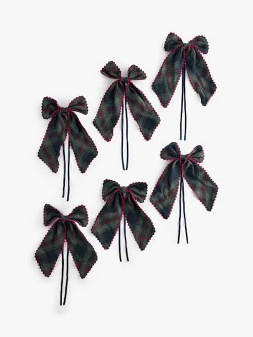 Navy Tartan Bow Christmas Baubles, Set of 6