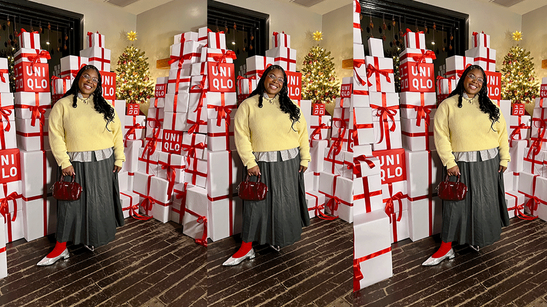 chichi wears yellow sweater layered over button down striped shirt, a long pleated gray skirt, red socks, silver pointed flat shoes, and a deep red brahmin handbag