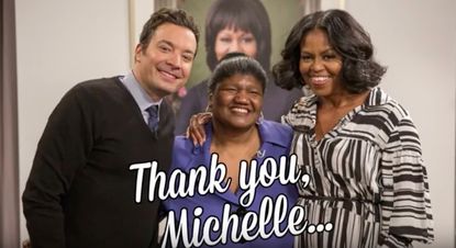Jimmy Fallon, Michelle Obama, and her former Princeton classmate.