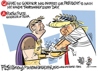Political Cartoon U.S. Trump cleanses hands of responsibility ancient Rome