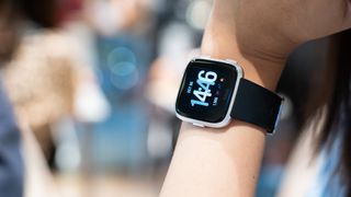 View of Fitbit Versa on a woman's wrist