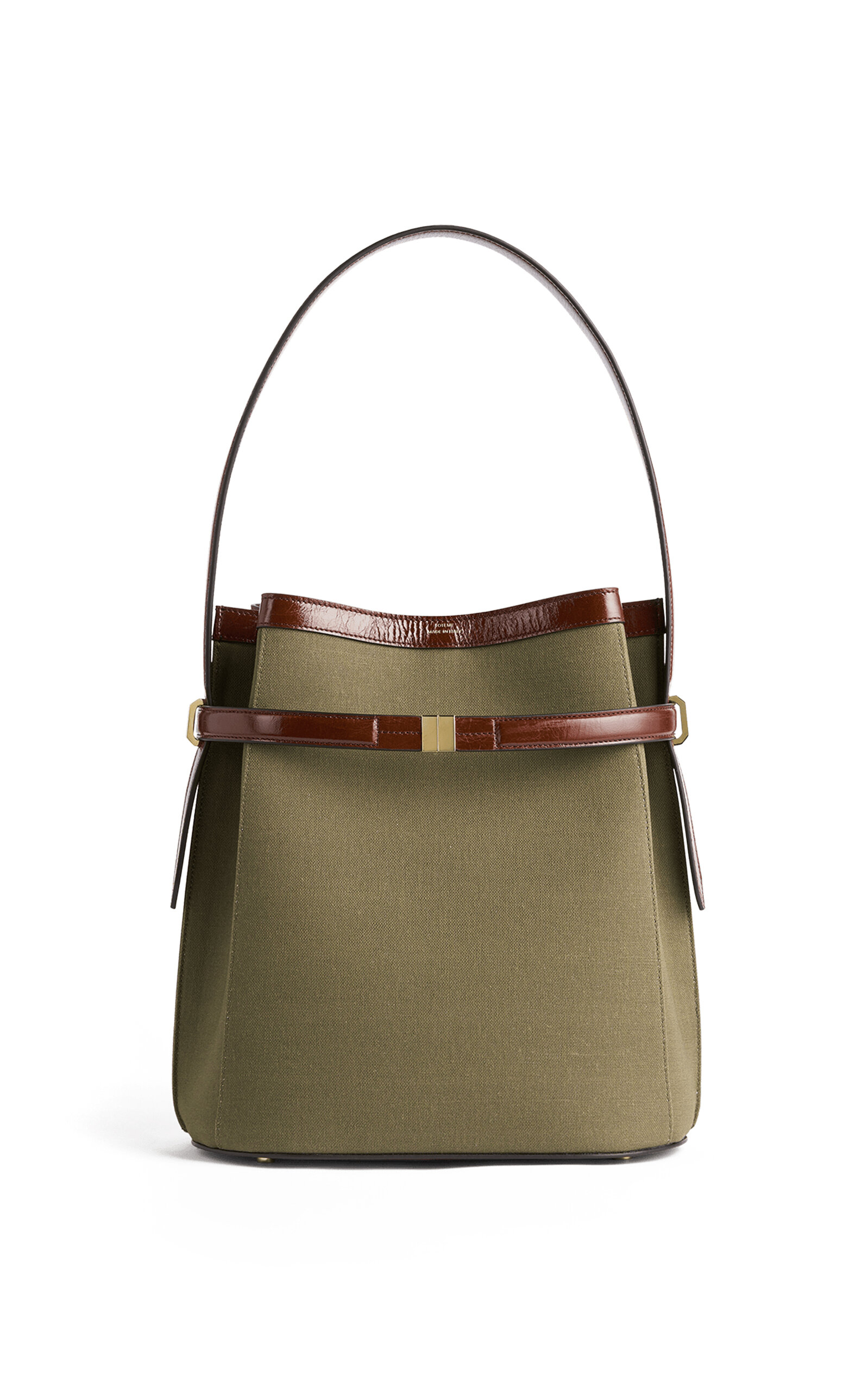 Belted Leather-Trimmed Canvas Bucket Bag