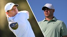 (left) Rory McIlroy hits a drive and Brooks Koepka looks on (right)