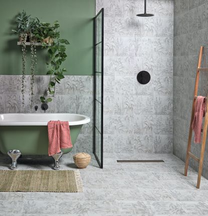 tiled bathroom with wet room shower