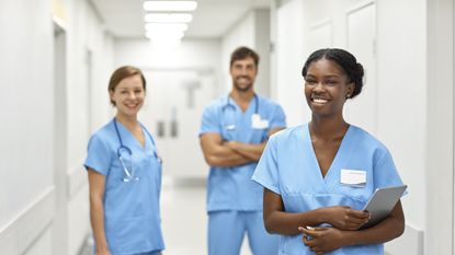 Male and female nurses standing in a corridor smiling.