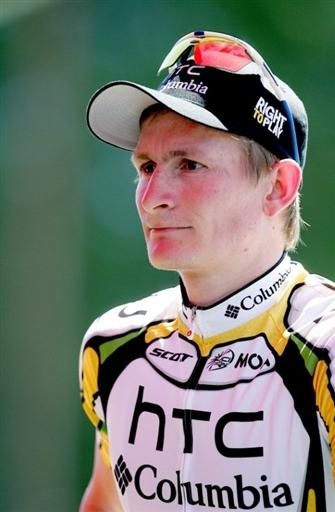 Andre Greipel (HTC-Columbia) prepares for the podium ceremony.