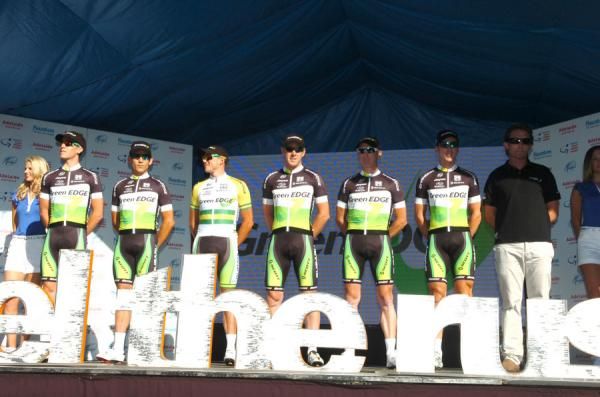 GreenEdge on stage. Cameron Meyer fielded questions on returning to the race as a defending champion.