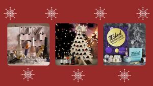 three of w&h's alcohol advent calendars picks on a dark red background with festive decoration