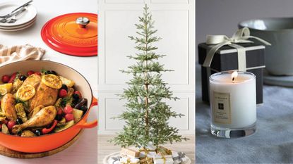 A three-panel image of products onsale in the Nordstrom Fall Sale: a Signature 7.5-Quart Enameled Cast Iron Chef's Oven,;a Balsam Hill Alpine Balsam Fir Pre-Lit Artificial Tree; and a Jo Malone English Pear & Freesia Scented Home Candle