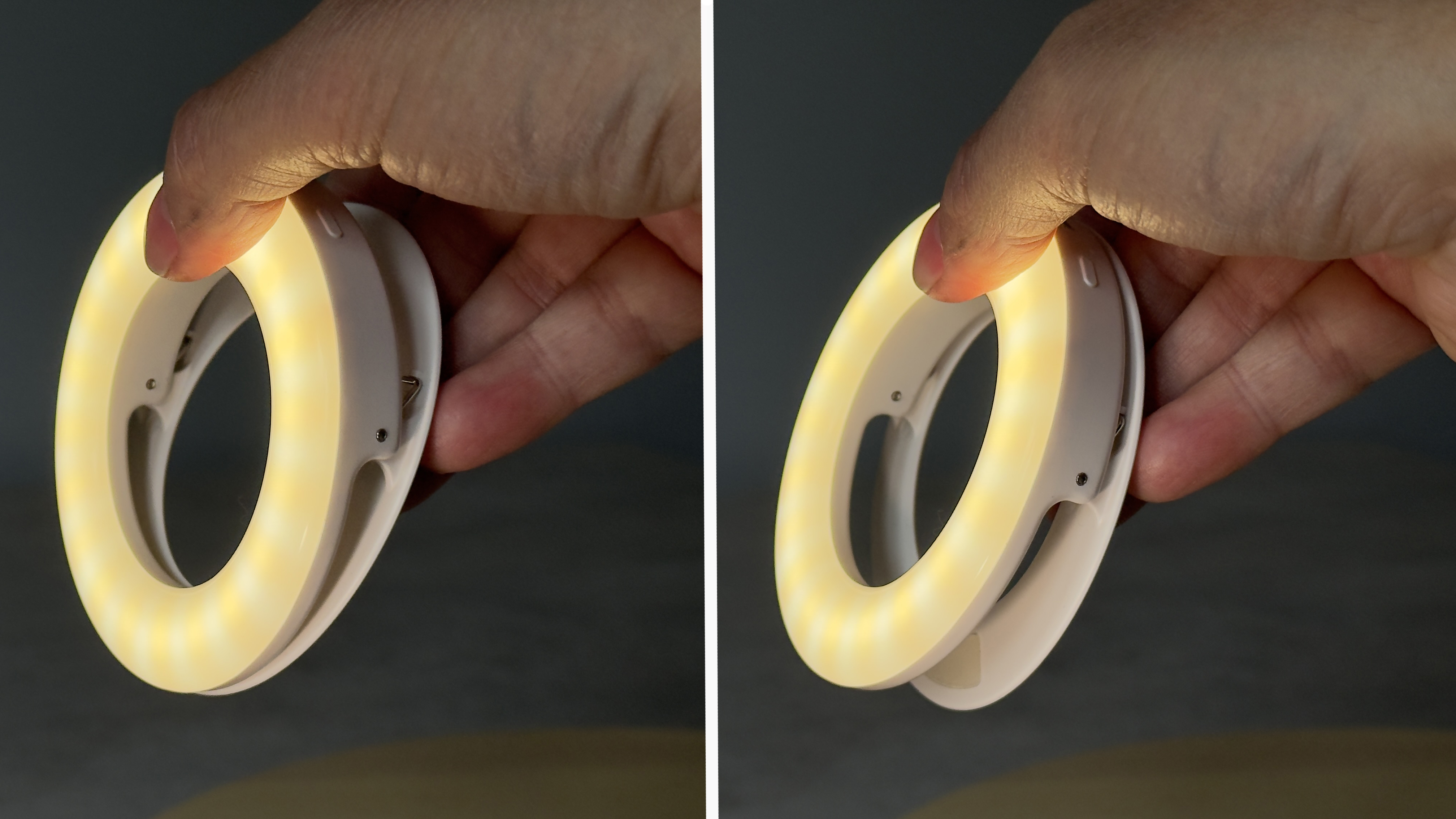 Side-by-side shot of the Selfie Ring Light. On the left, it is in its closed formation. On the right, pressure has been applied to pry open its clip, ready to be clamped onto a smartphone.