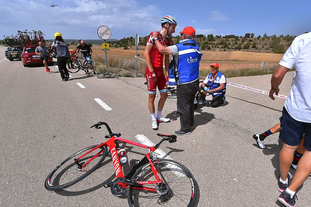 Sven Erik Bystrom gets up after a crash
