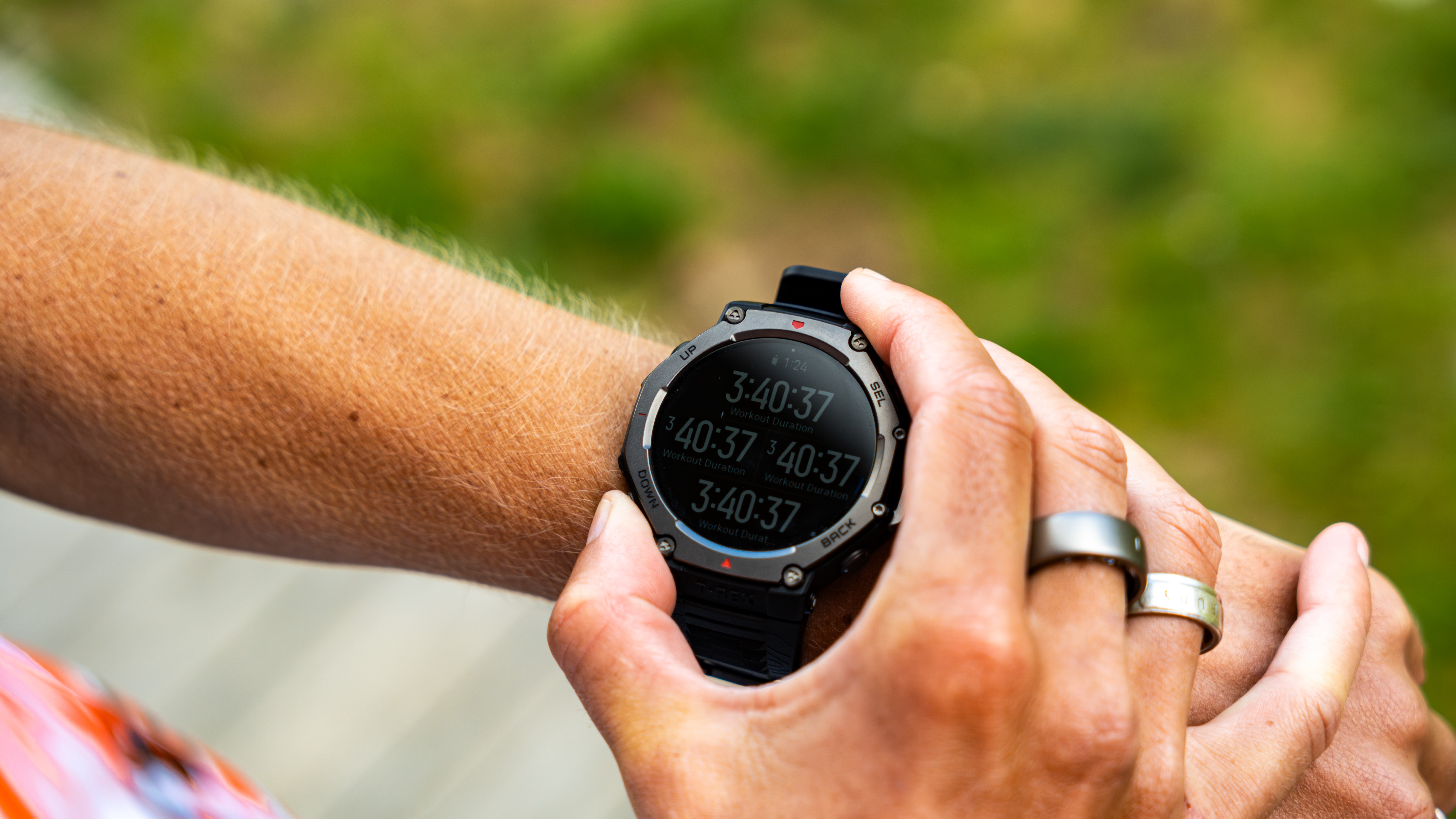 Close up of Ruth Croft checking her Amazfit watch