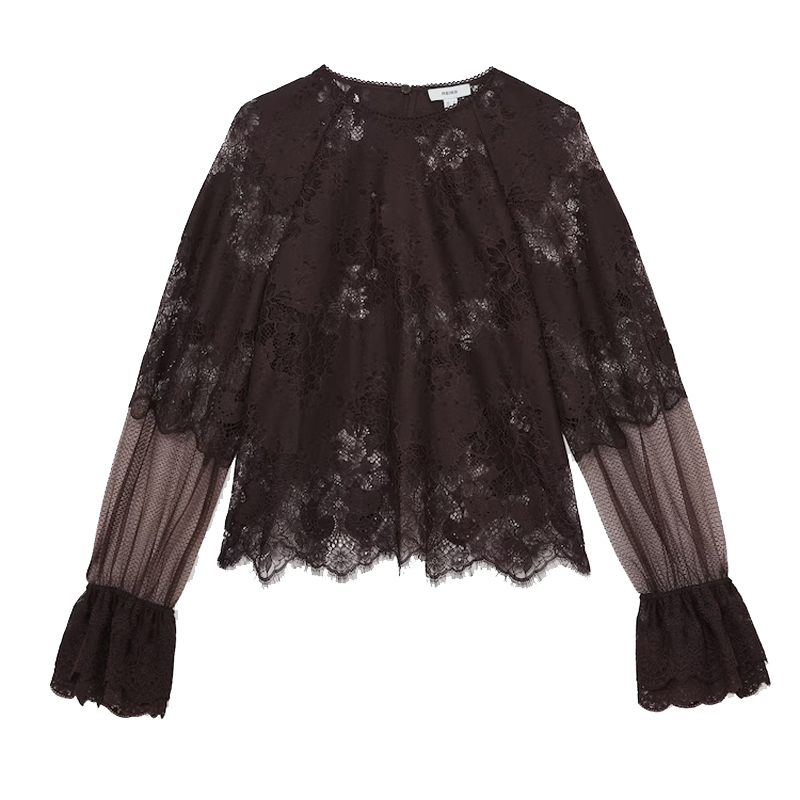 Chocolate brown lace top with frilled cuffs, Reiss