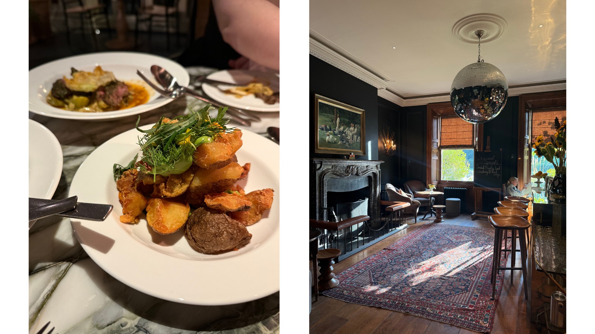 A close-up of roast potatoes with herbs on a marble table, with a lamb dish in the background. Right: The Moon Bar at Heckfield Place, a dark-panelled room with a marble fireplace, Persian rug, leather chairs, and a mirrored disco ball overhead.