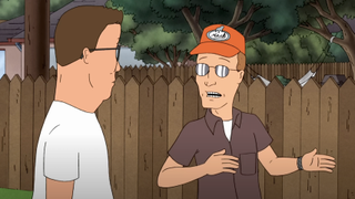 dale explains one of his conspiracy theories to hank on king of the hill