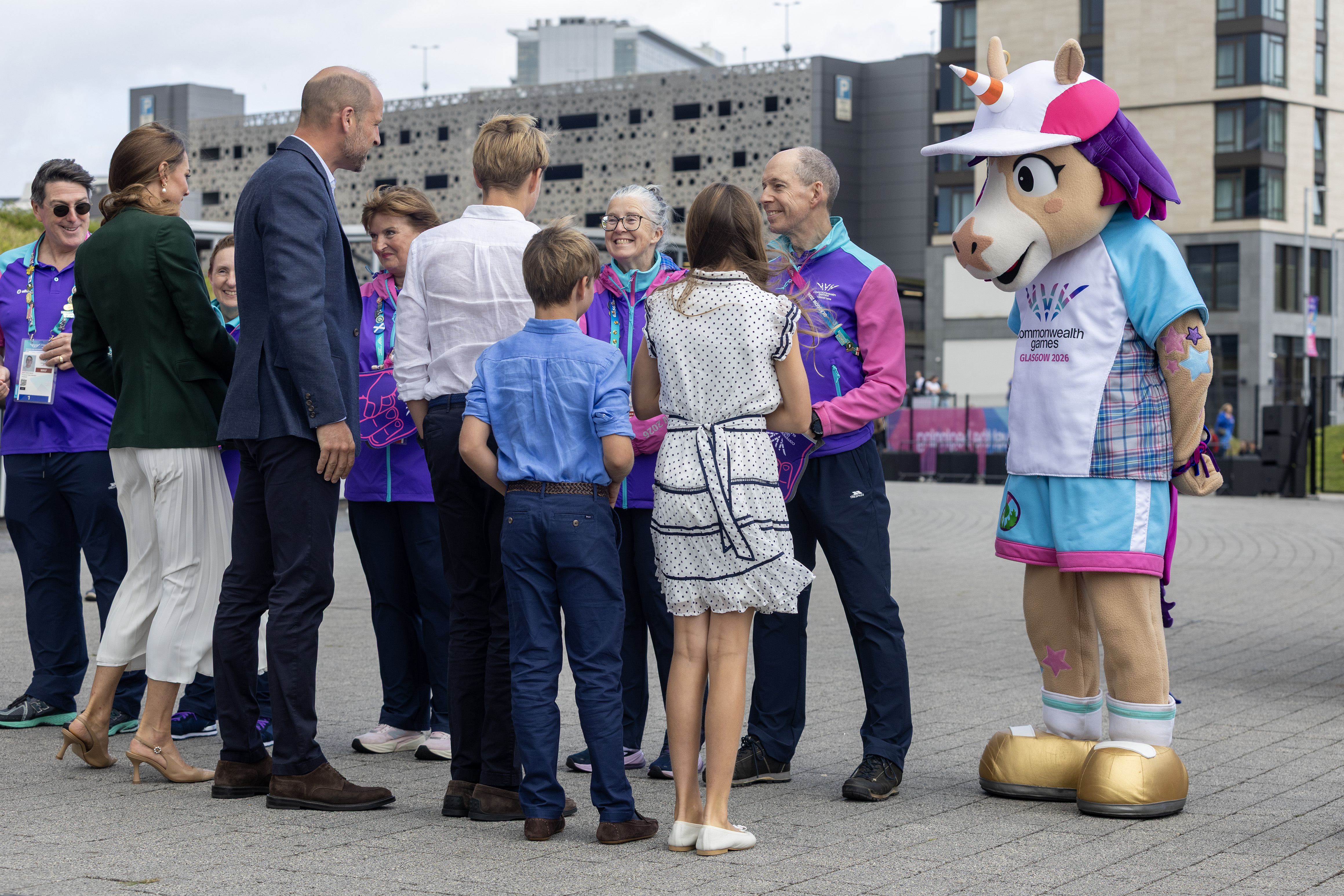 Princess Kate, Prince William, Prince George, Prince Louis and Princess Charlotte meeting the Commonwealth Games athletes and unicorn mascot