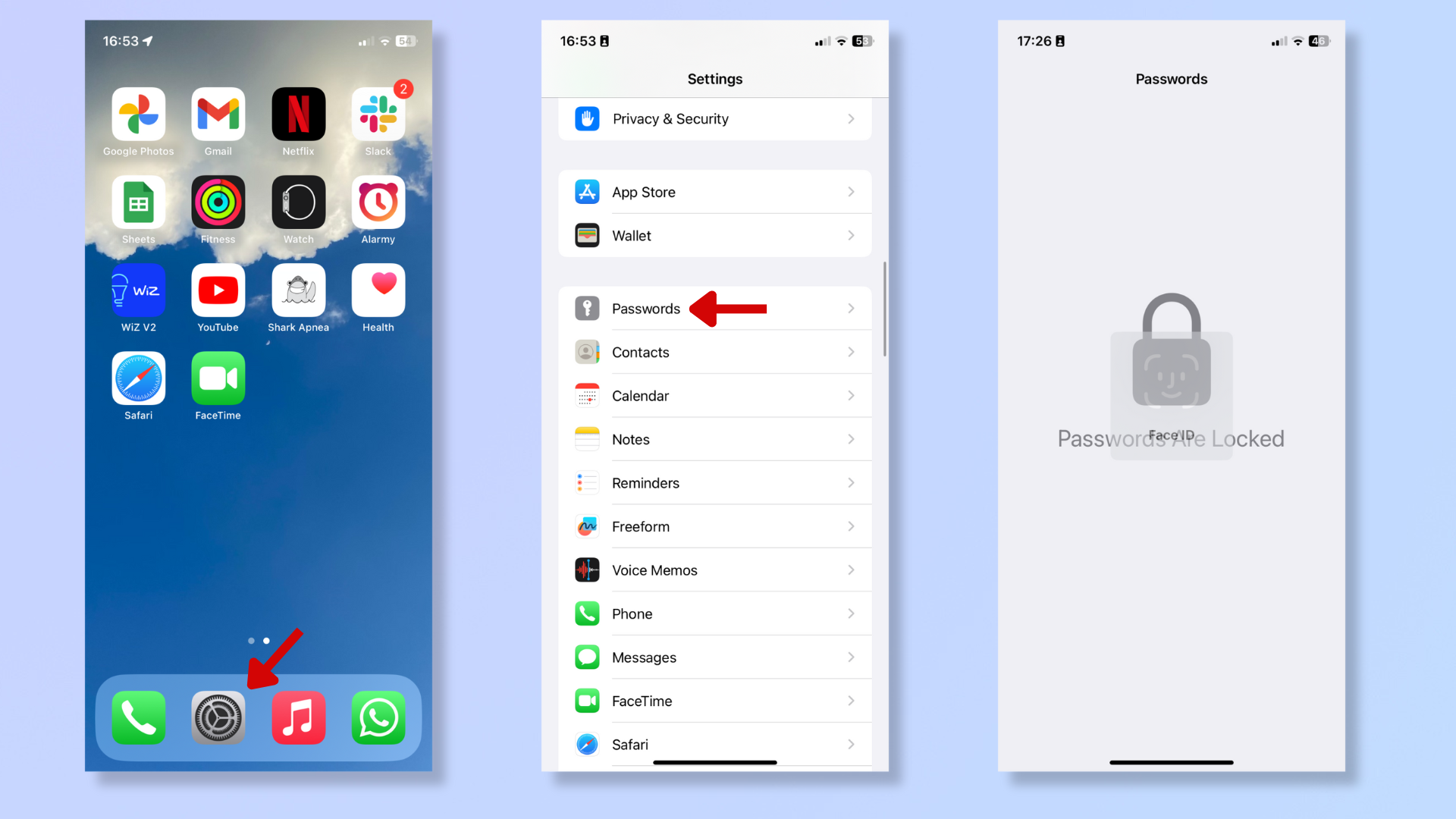 La primera captura de pantalla muestra la página de inicio del iPhone con una flecha roja que apunta a la aplicación Configuración.  La segunda captura de pantalla muestra la configuración del iPhone, con una flecha roja que apunta a las contraseñas.  La tercera captura de pantalla muestra la configuración de contraseñas bloqueadas con una contraseña biométrica. 