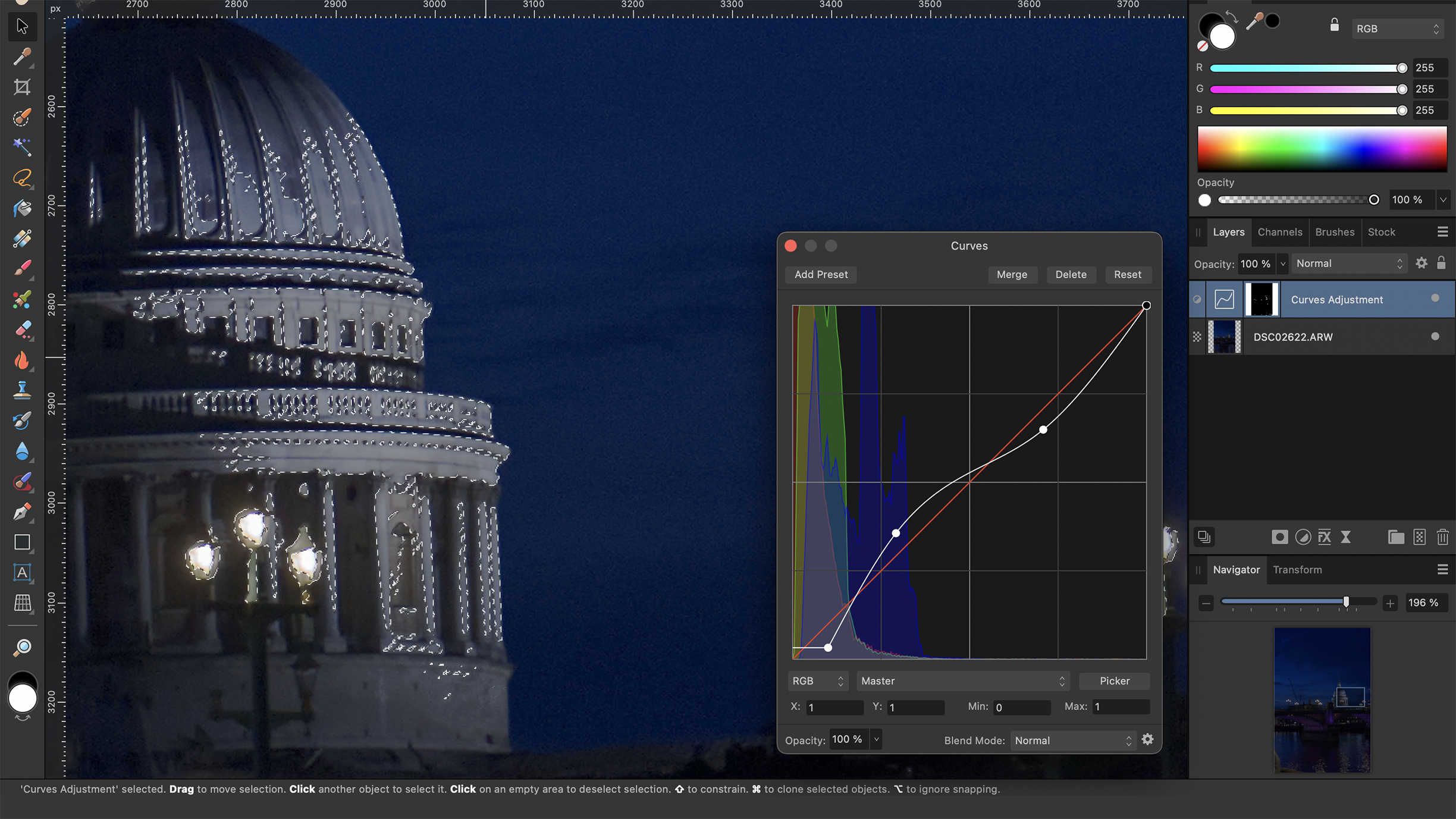 Editing software screenshot showing dome at night with a curves adjustment panel for color correction
