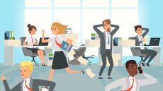 Cartoon-style concept image showing a chaotic office space with workers running around and files scattered everywhere.