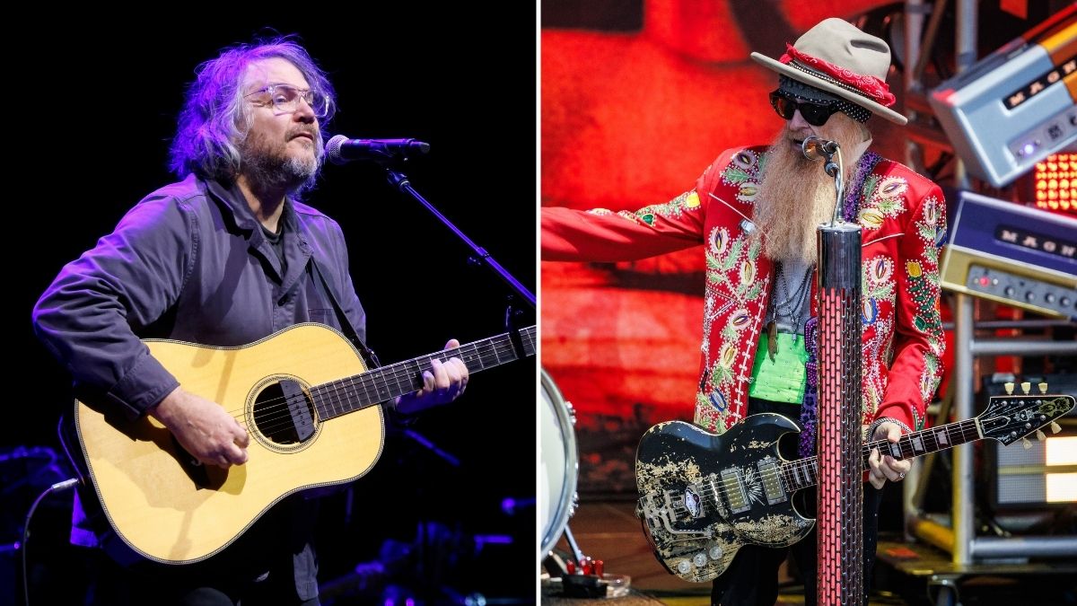 Left–Jeff Tweedy performs during Mavis Staples' 85th: All-Star Birthday Celebration at YouTube Theater in California; Right–Billy Gibbons from ZZ Top performs on stage during OverOslo 2026