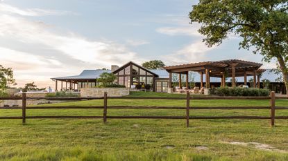 exterior of stone, wood and glazed ranch