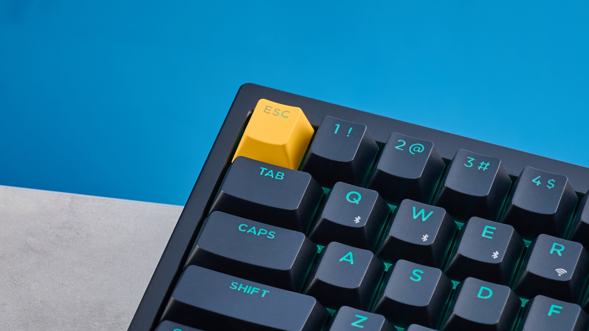 Lemokey P2 HE on a stone surface with a blue background