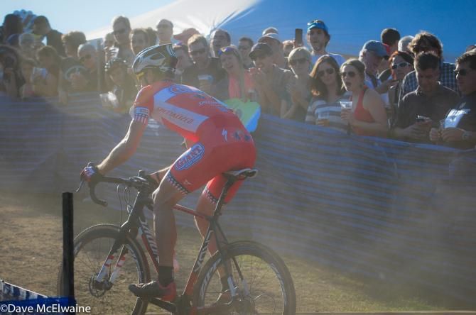 Yannick Eckmann (CalGiant/ Specialized) riding in the cloud of dust kicked up by the leaders