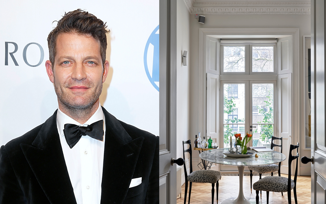 A split image with a headshot of Nate Berkus and a photo of a dining space with white walls, crown molding, and a bistro table