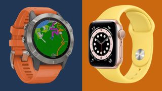 En bild på en Garmin-klocka med orange band till vänster mot en blå bakgrund och en Apple Watch med ett gult band mot en orange bakgrund till höger.