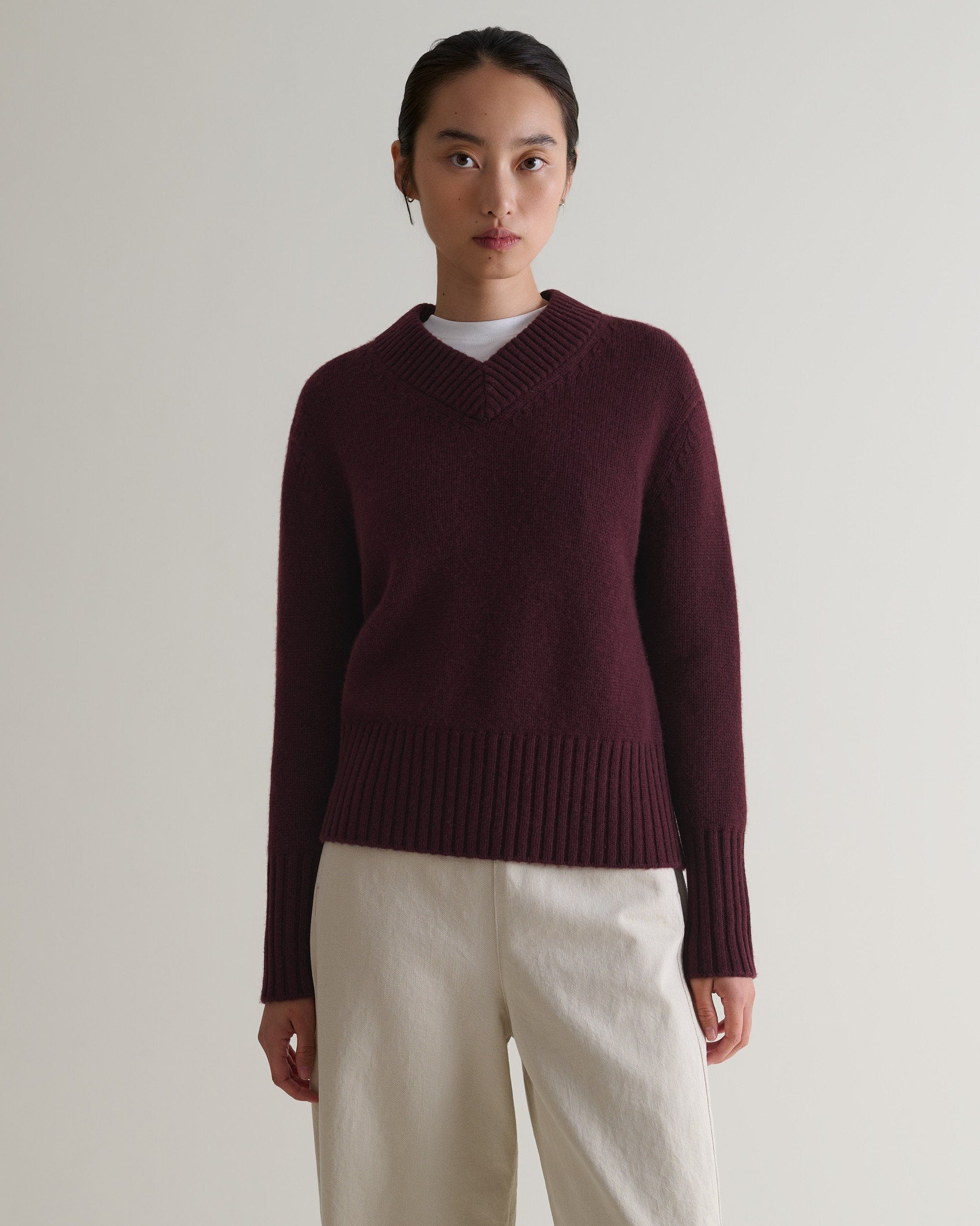 Oxblood Cashmere Merino V Neck Jumper | Rise &amp;amp; Fall