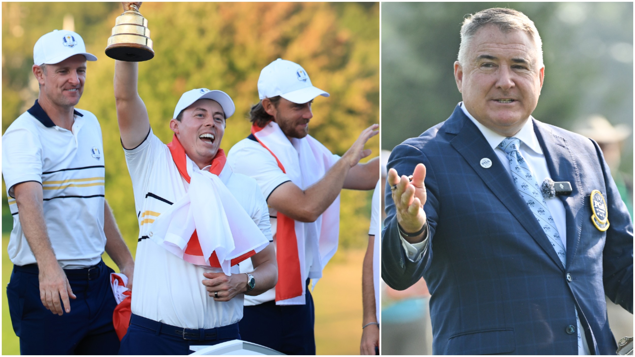 Matt Fitzpatrick pictured lifting the Ryder Cup along with PGA of America president Don Rea