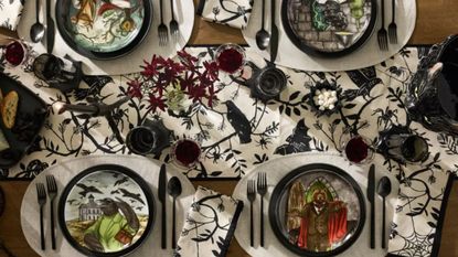 Halloween table setting with black, white and red accents