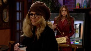 Colleen Zenk as Jordan in a blonde wig and Hayley Erin as Claire looking on in horror in The Young and the Restless