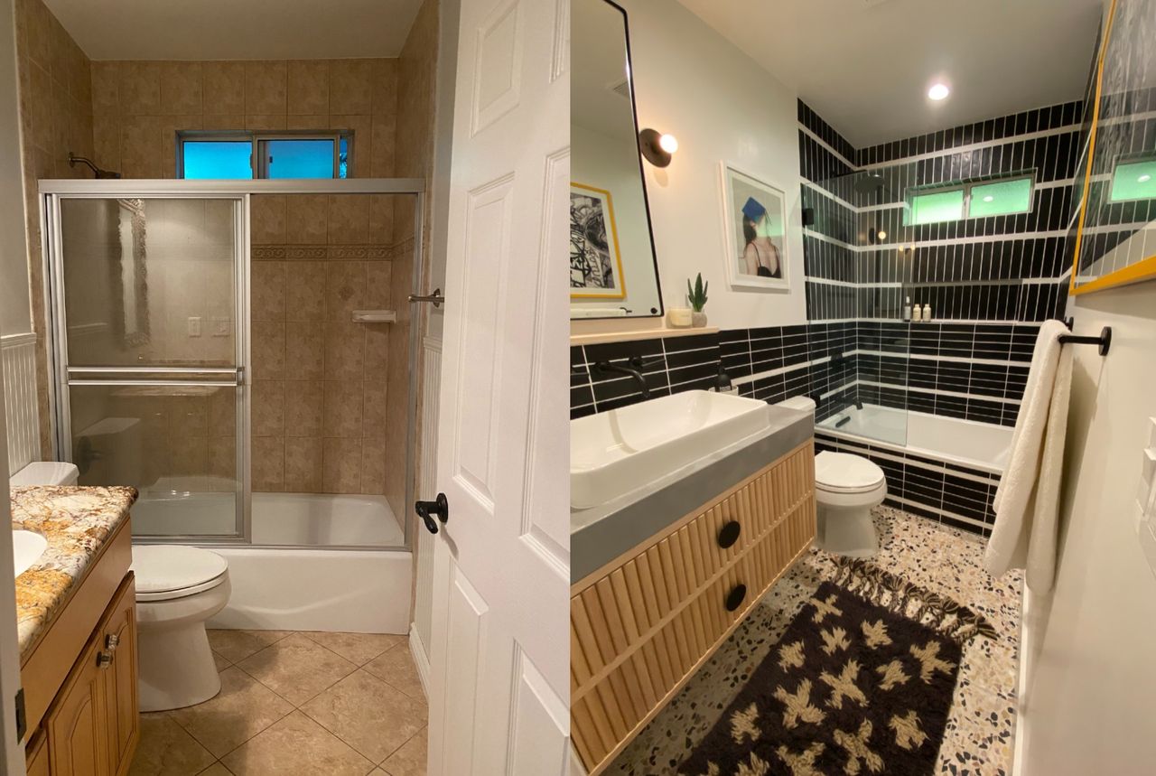 Before and after shot of interior designer&#039;s black tile and terrazzo bathroom remodel