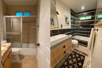 Before and after shot of interior designer's black tile and terrazzo bathroom remodel