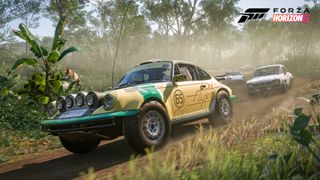 Screenshot of Forza Horizon 5 depicting a car driving through the jungle.