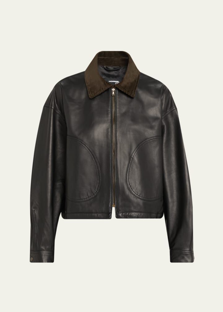 Corduroy-Collar Leather Parachute Jacket