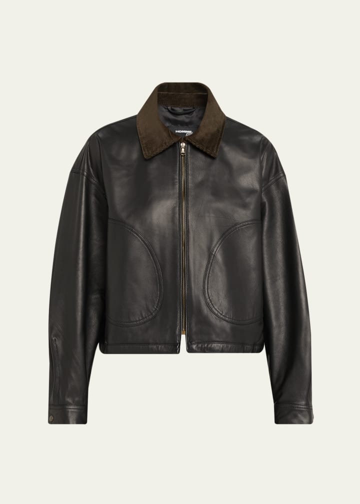 Corduroy-Collar Leather Parachute Jacket
