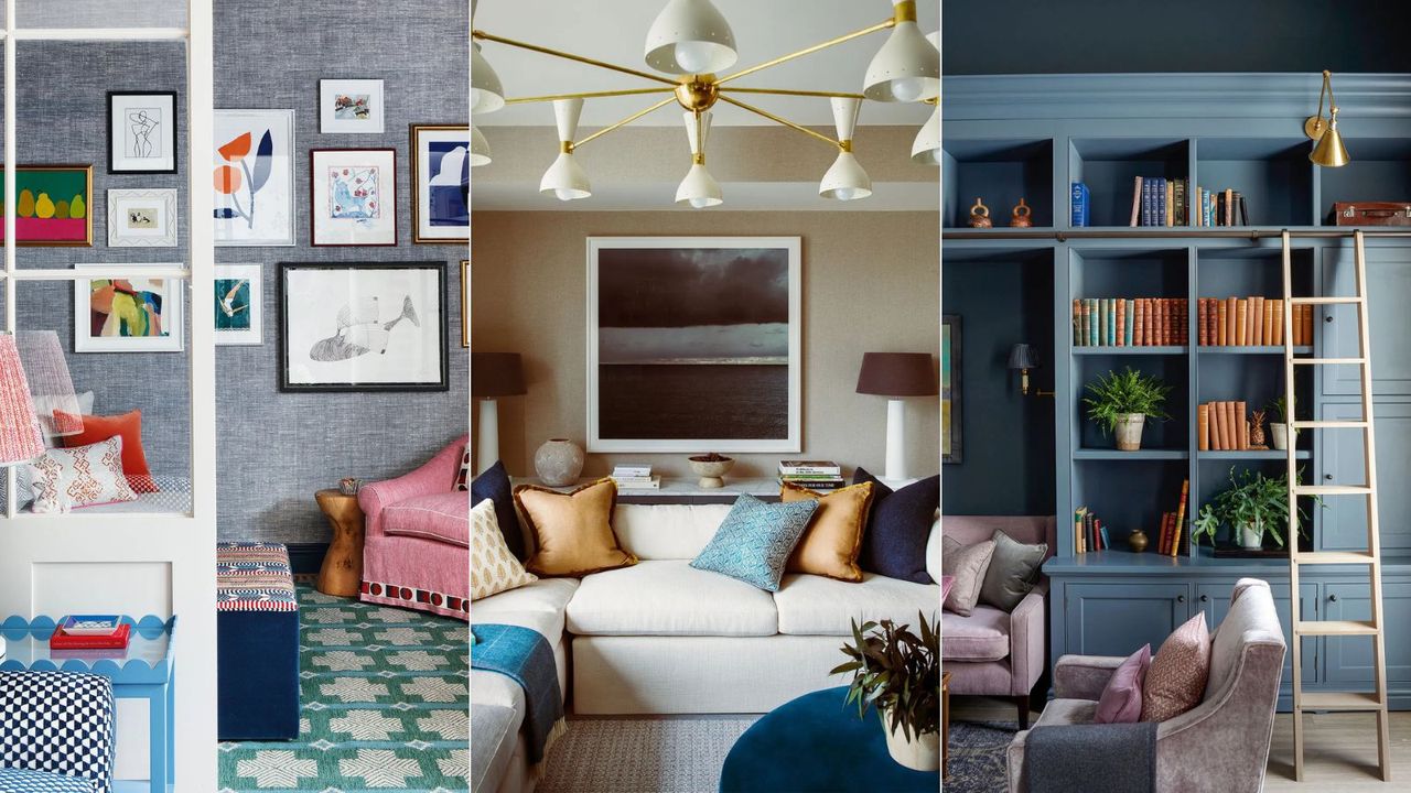 Small room trends. Left: small living room snug with textured gray wallpaper, turquoise and white patterned flooring, pink armchair and gallery wall of colorful art. Middle: Cream living room with l-shaped white sofa, blue and taupe throw pillows and one large square artwork on wall. Right: Blue living space with bespoke bookcase with lader and pink sofa and armchair