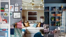 Small room trends. Left: small living room snug with textured gray wallpaper, turquoise and white patterned flooring, pink armchair and gallery wall of colorful art. Middle: Cream living room with l-shaped white sofa, blue and taupe throw pillows and one large square artwork on wall. Right: Blue living space with bespoke bookcase with lader and pink sofa and armchair