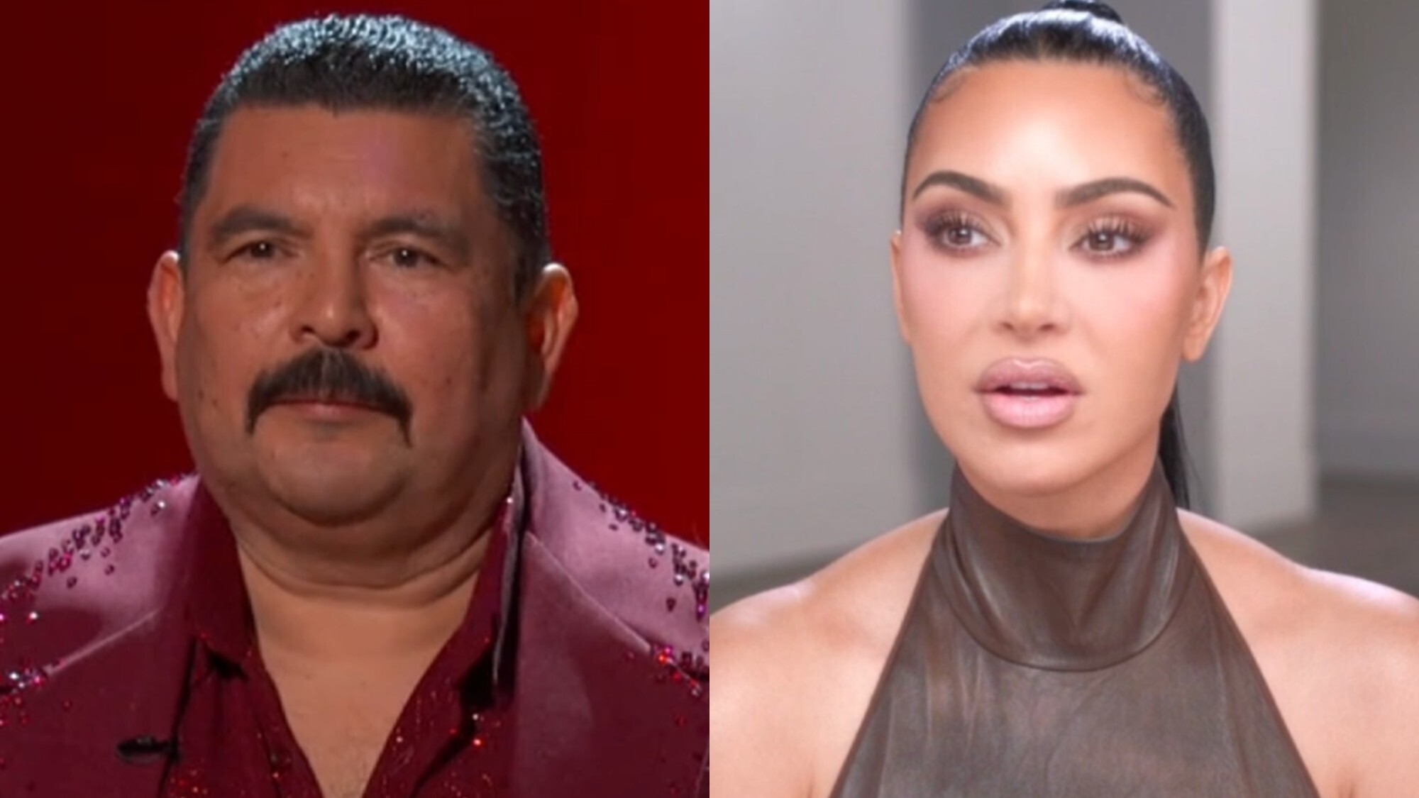 From L to R: Guillermo Rodriguez waiting for results on Dancing With the Stars, Kim Kardashian talking to the camera on The Kardashians.