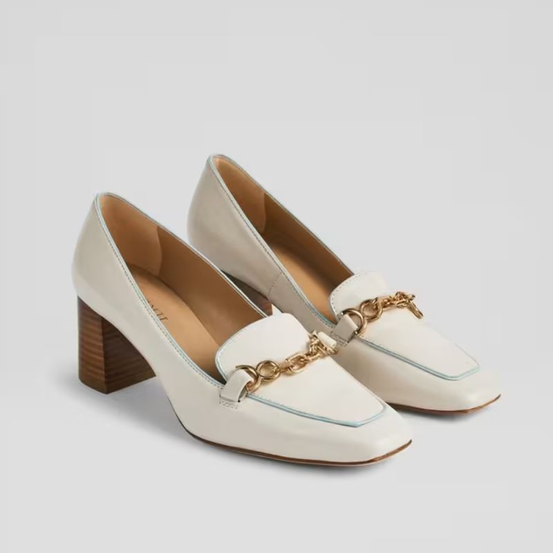 white heeled loafers